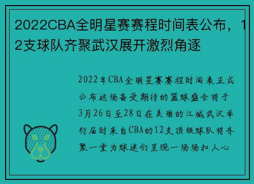 2022CBA全明星赛赛程时间表公布，12支球队齐聚武汉展开激烈角逐