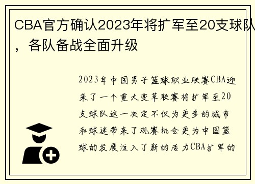 CBA官方确认2023年将扩军至20支球队，各队备战全面升级